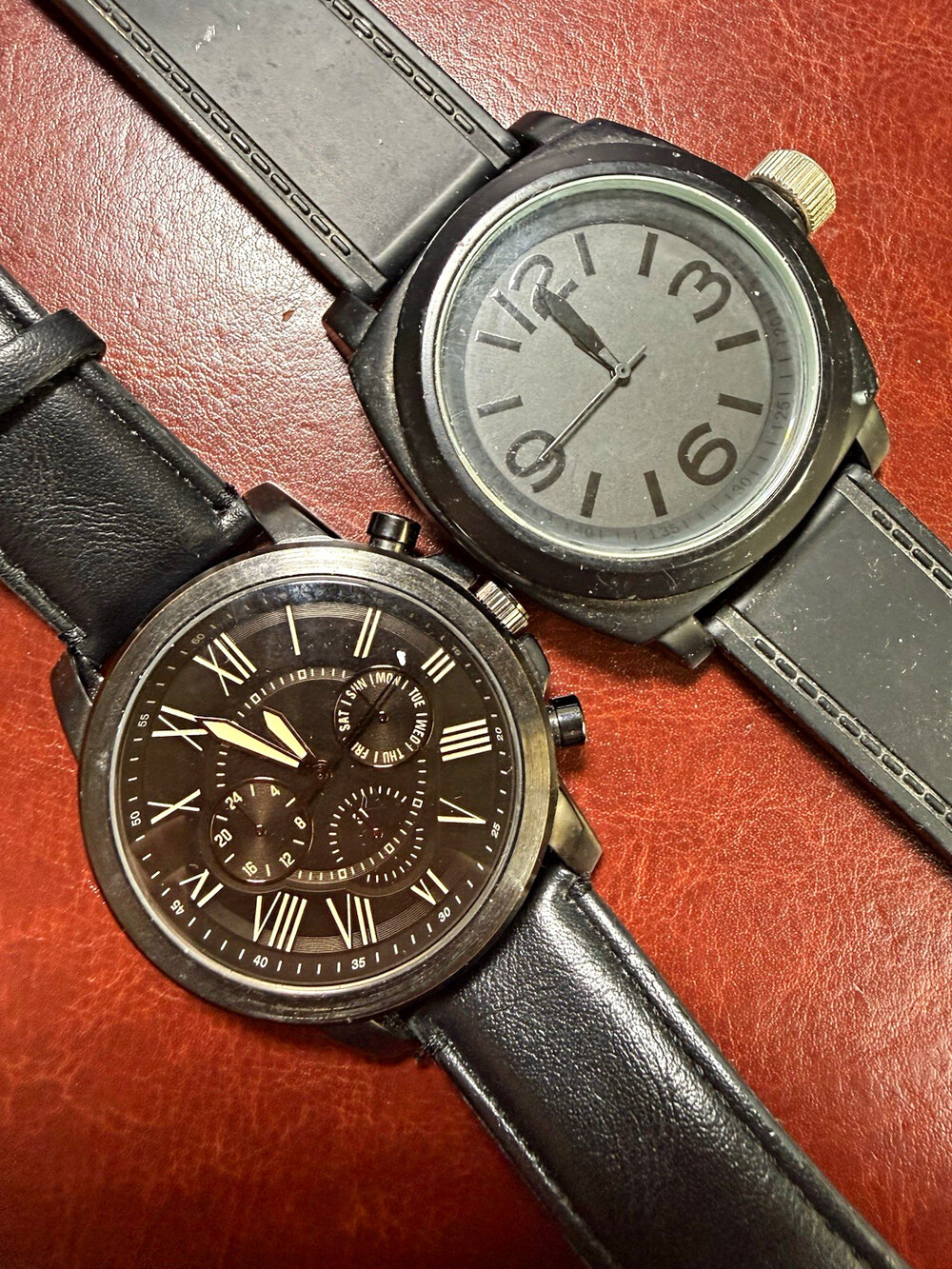 Lot of 2 Quartz Analog Wristwatches Black Bands Black/Gray Dials 42mm